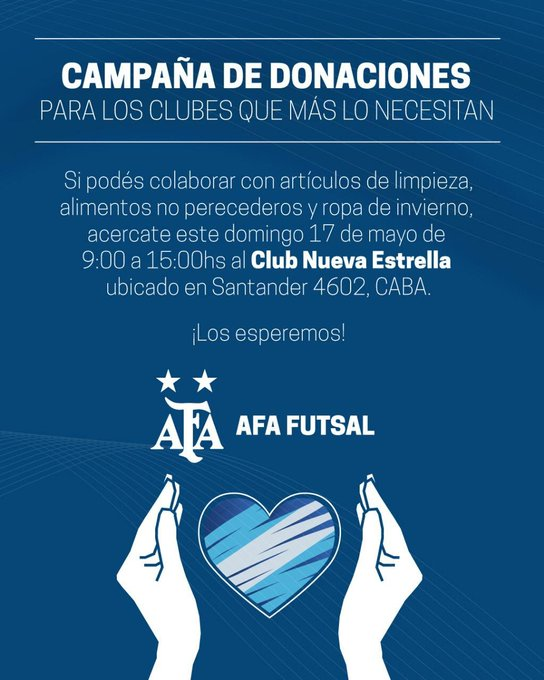 pasionfutsal's tweet photo. ⚠️ ATENCIÓN ⚠️ Acordate que este domingo hasta las 15:00 podés acercarte al club Nueva Estrella, en Villa Lugano, Capital Federal, para entregar donaciones en la campaña realizada por la Comisión de Futsal de @afa https://t.co/3g10nMHrdt