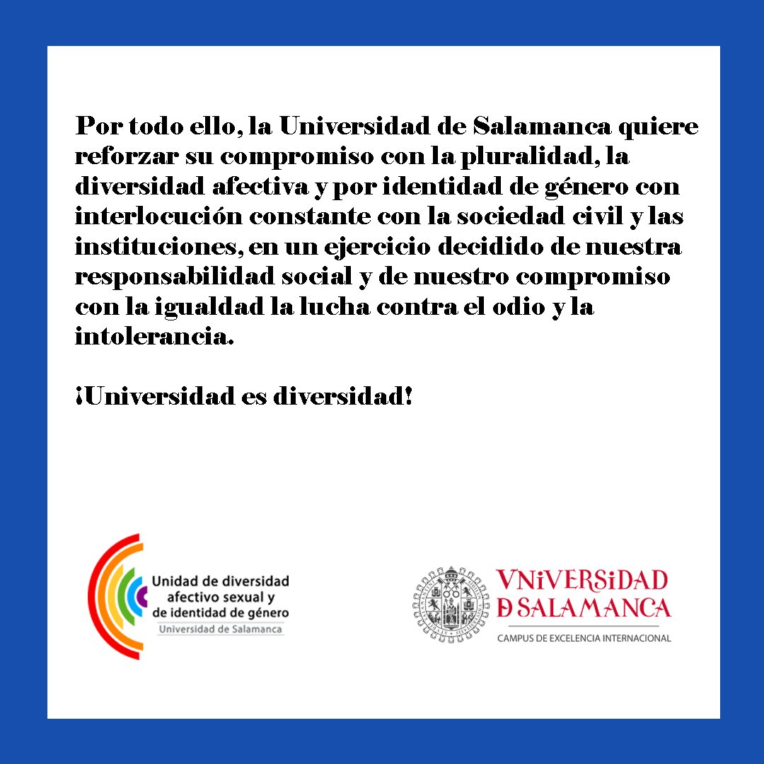 DivSexUSAL's tweet photo. Hoy es 17 de mayo Día Mundial contra la #LGTBIfobia. Por ello hay que recalcar que tanto la Unidad como la @usal quieren reforzar su compromiso con la pluralidad, la diversidad afectiva y la identidad de género.
🏳️‍🌈 LA UNIDAD ES DIVERSIDAD 🏳️‍🌈
.
🌈 #LGTBIQ #Loveislove #pride https://t.co/LLl3hjluD3