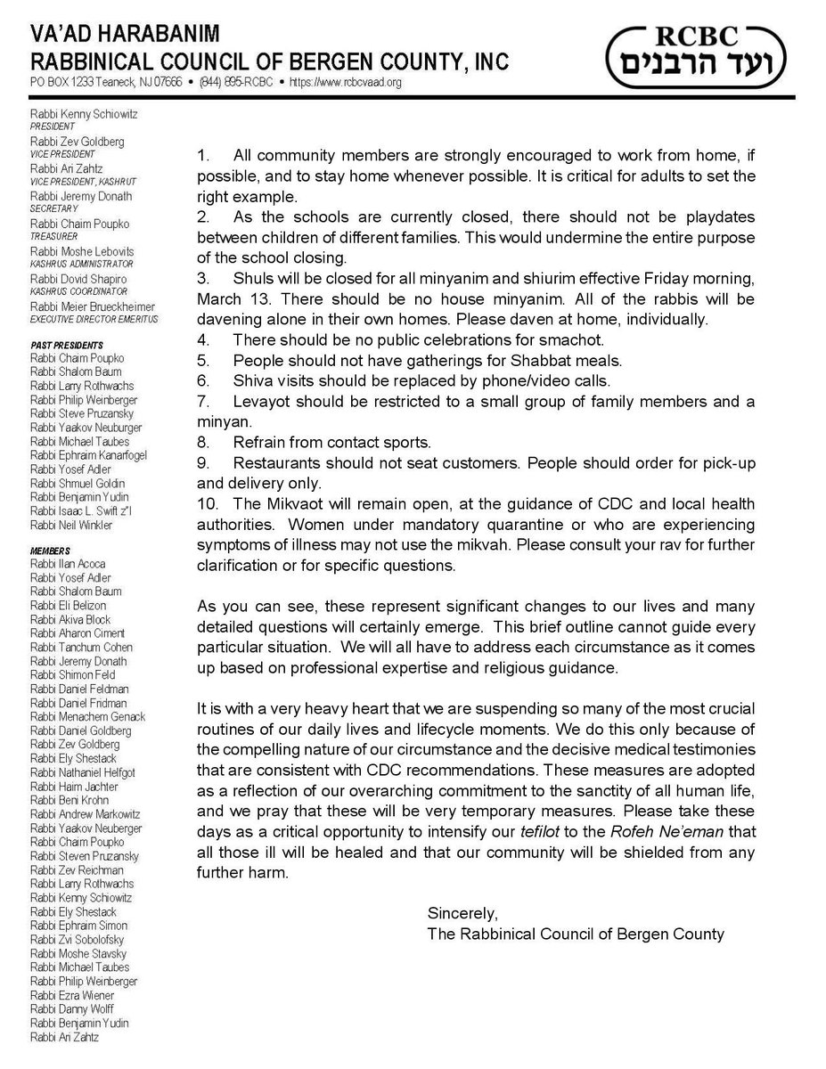 This letter by the Rabbinical Council of Bergen County, also 12th March 2020, banning minyanim and gatherings, demonstrates that that by no means was this an inevitable decision. H/T  @ShulimLeifer