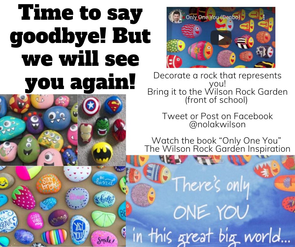 NolaKWilson's tweet photo. Wilson students! Come close out this school year by leaving your mark! Bring a decorated rock for the Wilson Rock Garden representing you any time this week! Watch the book "Only One You" the Rock Garden inspiration. 
https://t.co/aHmDLTpgb4 https://t.co/Kn7SWJUOuI
