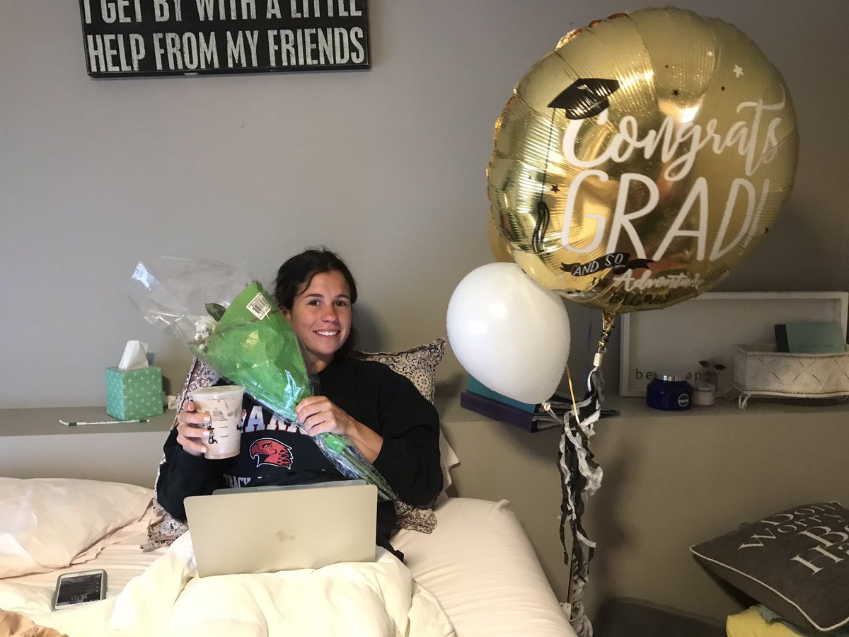 jroon7's tweet photo. So proud of #4! Instead of walking the stage @MarquetteU today, it's coffee in bed. Her 6 year journey filled with hard work and incredible experiences to a Masters in Speech Pathology is complete and her career helping people begins! Love you #4!! https://t.co/oOPNoDqhm8
