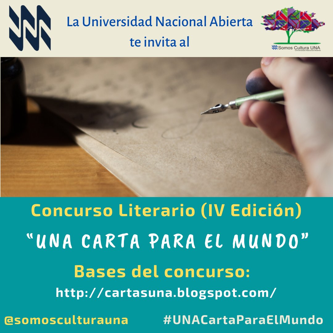 SomosCulturaUNA's tweet photo. Hoy es un buen día para escribir "UNA carta al Mundo" concurso promovido desde la Dirección de Cultura, en aporte a nuestra amada tierra. Bases del concurso: https://t.co/f30PhsfLDw https://t.co/FixmvjbgxW