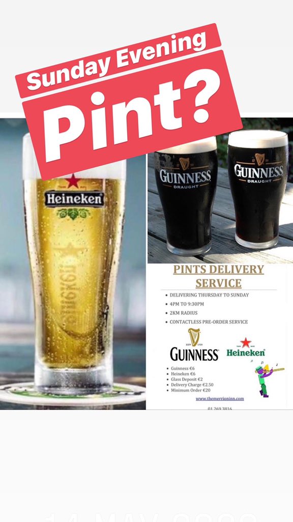 THEMERRIONINN's tweet photo. Sunday evening pint?
Call us 01 269 3816
#guinness #heineken #homedelivery #2kmradius #keepitlocal #m1 https://t.co/nMgUmZksR6