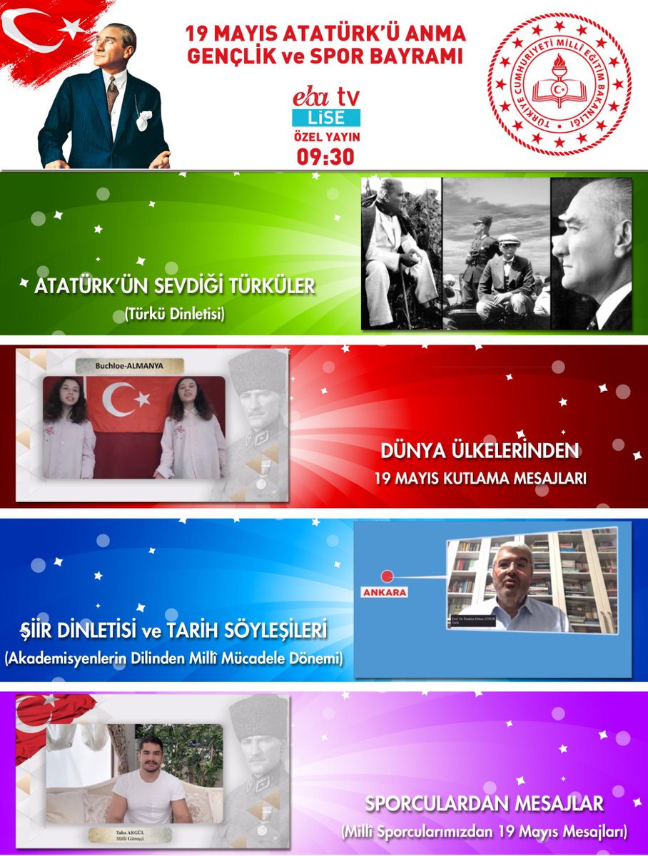 19 Mayıs Atatürk'ü Anma, Gençlik ve Spor Bayramı coşkusunu, 19 Mayıs Özel Yayını ile Eba Tv Lise'de yaşıyoruz. 
<a href="/cengizmete/">Cengiz Mete</a> <a href="/tcmeb/">Millî Eğitim Bakanlığı</a> <a href="/ziyaselcuk/">Ziya Selçuk</a>