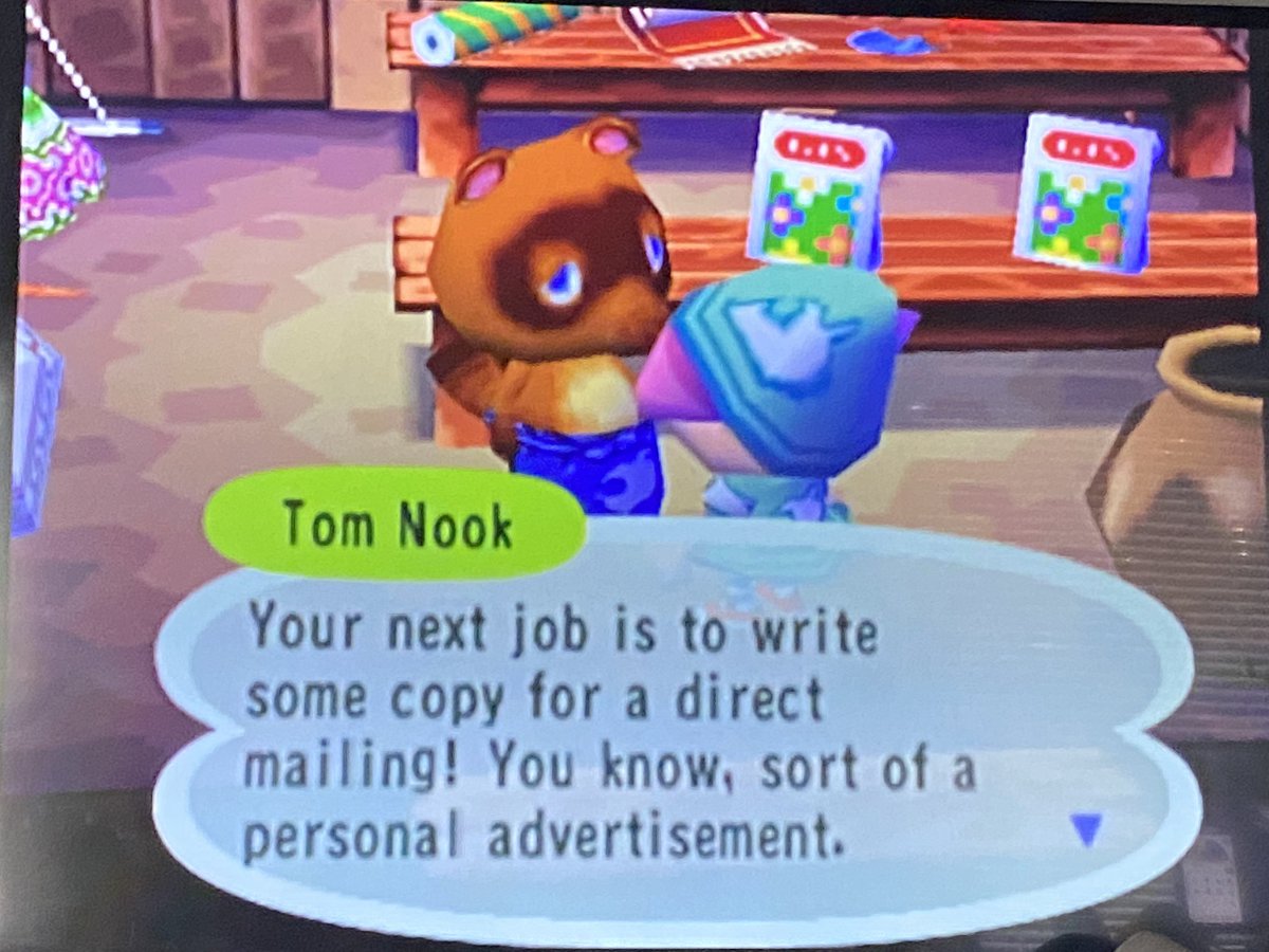 Task 4: write an advertisement for Tom Nook’s shop and send to to Olivia. Check   too threatening? Ehh 