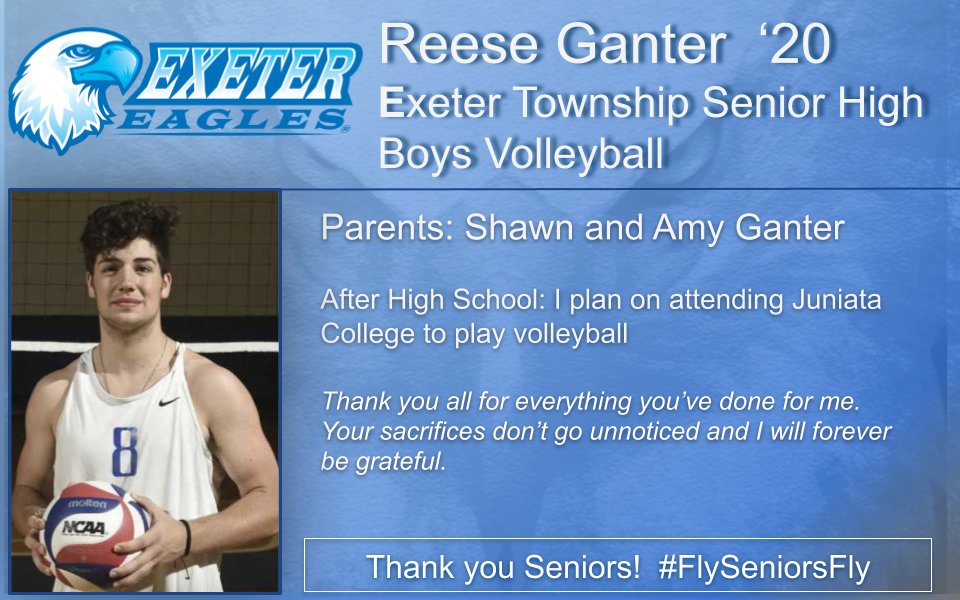 ExeterTwpSchool's tweet photo. It's Senior Night for our Boys Volleyball Team! Please leave comments and good wishes for Reese, as he moves on to Juniata College!!! #FlySeniorsFly @JuniataEagles https://t.co/pQoYtiv1nN