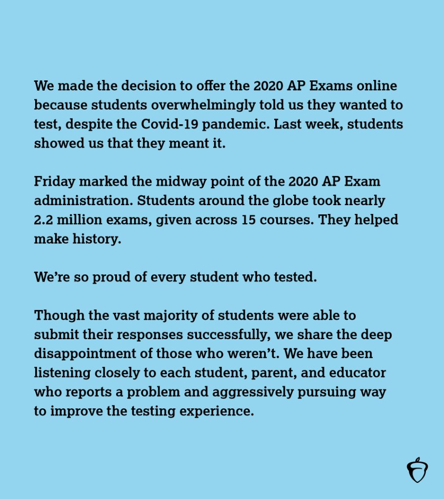 APforStudents's tweet image. AP students took nearly 2.2 million AP Exams last week, and we’re so proud of every student who tested. We also share the deep disappointment of those who couldn&apos;t complete their AP Exams.

We&apos;re providing a new safeguard for students moving forward. spr.ly/6017G6QxW