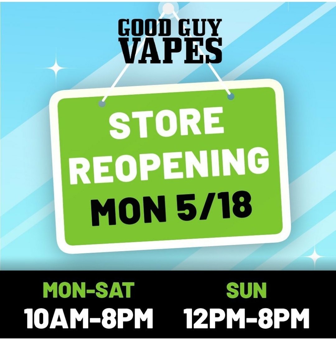 Raphium's tweet photo. Happy to announce we will be reopening Monday May 18th at 10am. Be advised this is for curbside pick up only. We recommend calling from the parking lot and asking for your order (7327059900). #goodguyvapes #matawannj #oldbridgenj #vapefam #vapenj #vapeshop #sundayvibes https://t.co/gpiCyyS4aU