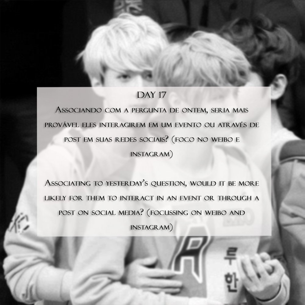 hunhan520br's tweet photo. [DAY 17] 🐣 Would it be more likely for them to interact in an event or through a post on social media?

🦌 Seria mais provável eles interagirem em um evento ou através de post em suas redes sociais? 

#HunHan520Challenge #HunHan #HunHan520 https://t.co/HvH4LrZeJv