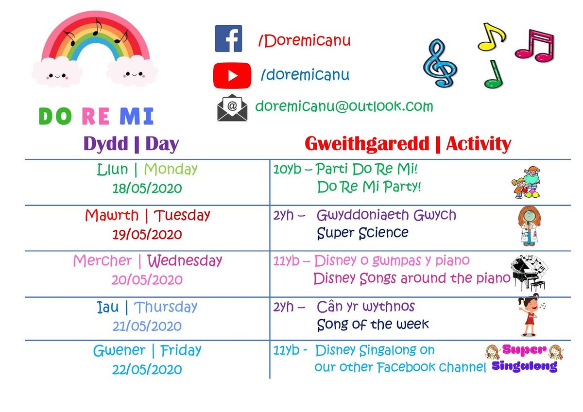 🤩Dyma fe! Amserlen wythnos nesaf! Bydd y sesiwn ar ddydd Gwener ar dudalen arall sef - Super Singalong. Rhannwch ar led! 🌈

🤩Here it is! This is the timetable for next week! Our  session on Friday will be on our new English language page - Super Singalong
Share far and wide!