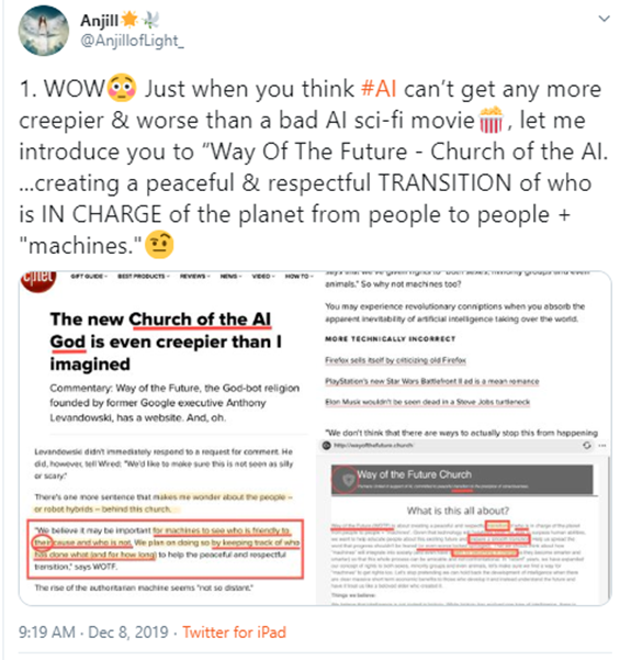 What is the Church of AI.  @AnjillofLight_ has dug deep on this and how it could possibly connect https://twitter.com/AnjillofLight_/status/1203680540836212737