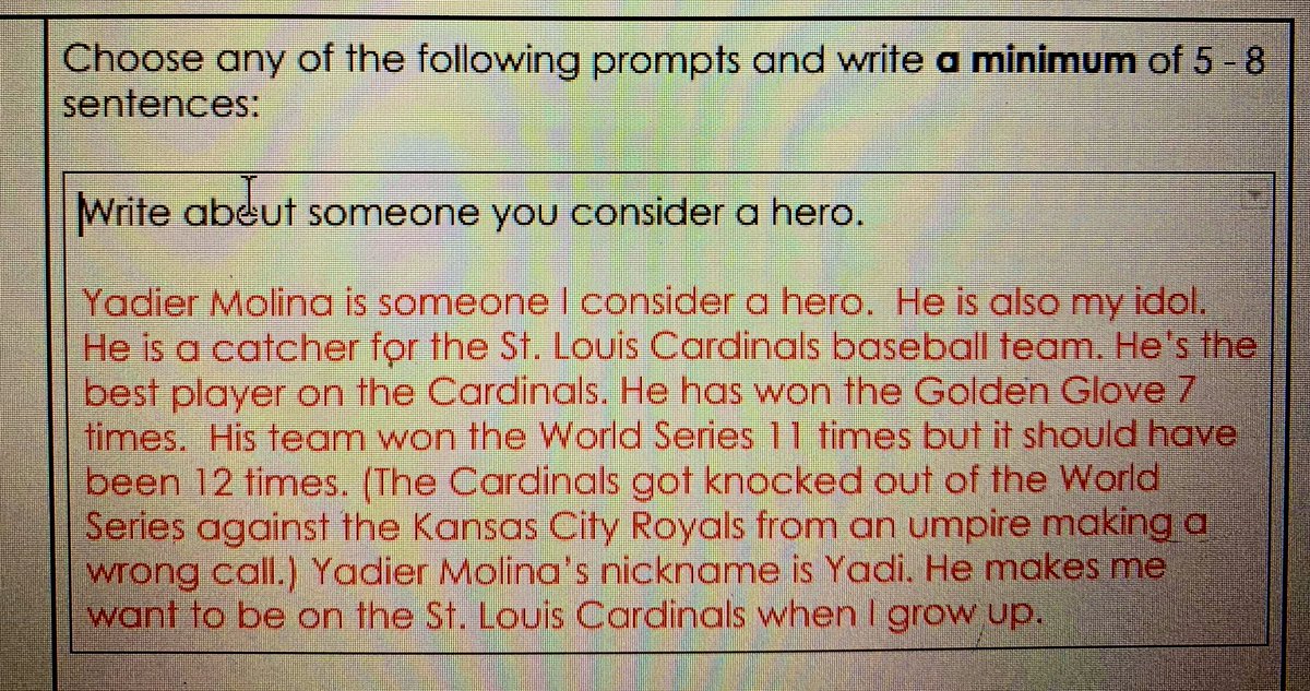Want to thank <a href="/Yadimolina04/">Yadier Molina</a> for being the inspiration for my sons homework on Friday. Normally, any school work that involves “writing” is hard for Joey-and painful for any supervising adult—but the words flowed easily! <a href="/Cardinals/">St. Louis Cardinals</a>