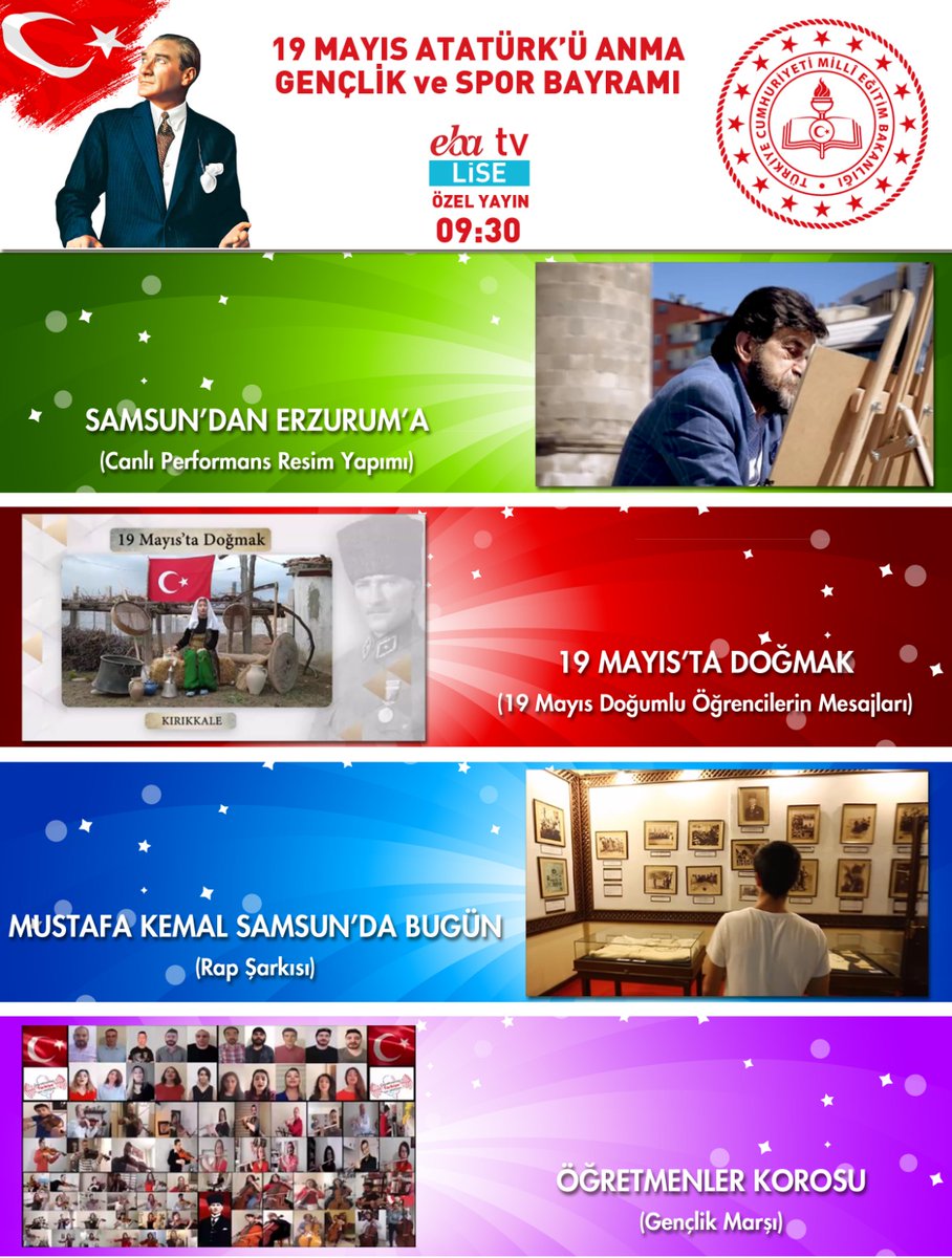 19 Mayıs Atatürk'ü Anma, Gençlik ve Spor Bayramı coşkusunu, 19 Mayıs Özel Yayını ile Eba Tv Lise'de yaşıyoruz. 
<a href="/cengizmete/">Cengiz Mete</a> <a href="/tcmeb/">Millî Eğitim Bakanlığı</a> <a href="/ziyaselcuk/">Ziya Selçuk</a>