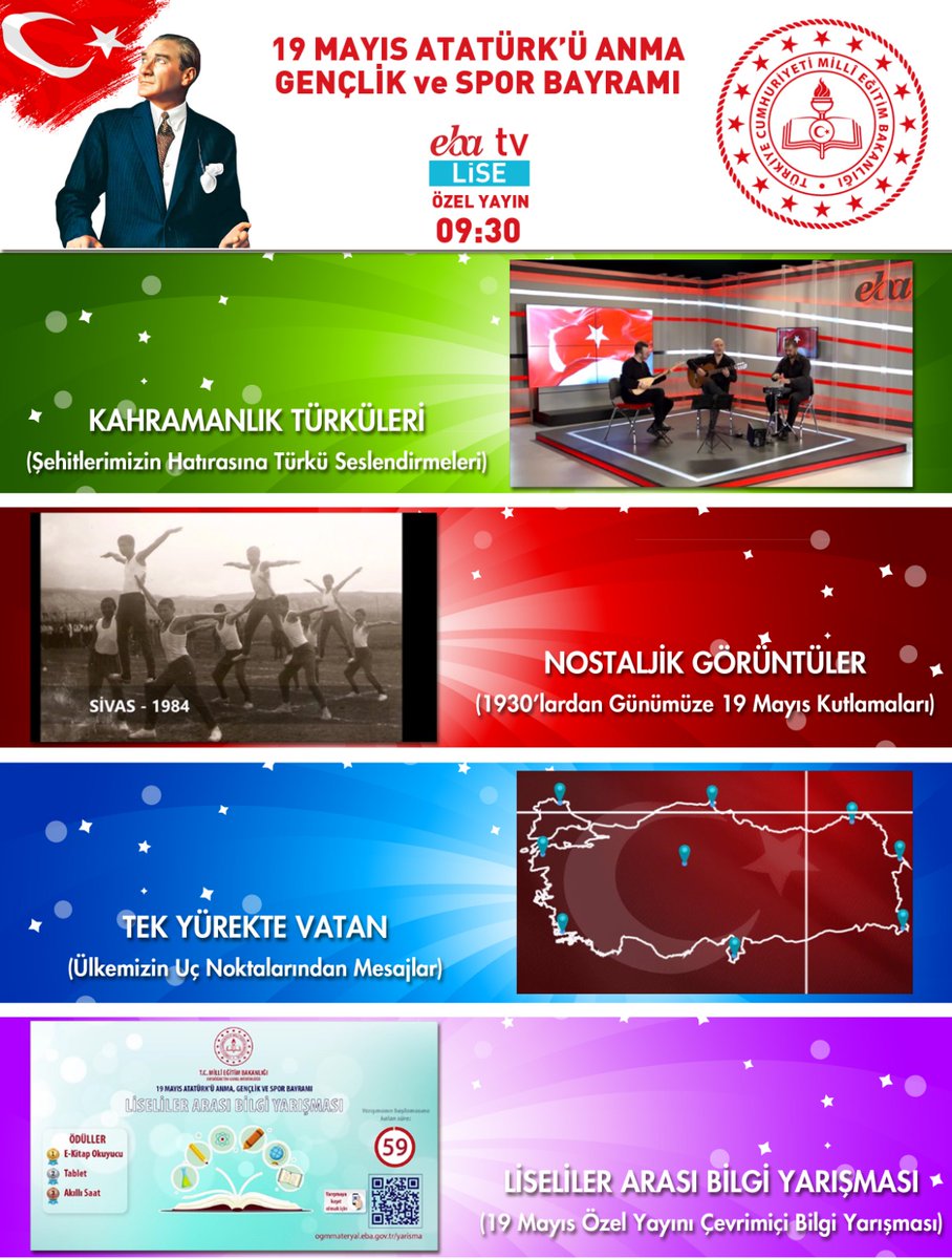 19 Mayıs Atatürk'ü Anma, Gençlik ve Spor Bayramı coşkusunu, 19 Mayıs Özel Yayını ile Eba Tv Lise'de yaşıyoruz. 
<a href="/cengizmete/">Cengiz Mete</a> <a href="/tcmeb/">Millî Eğitim Bakanlığı</a> <a href="/ziyaselcuk/">Ziya Selçuk</a>
