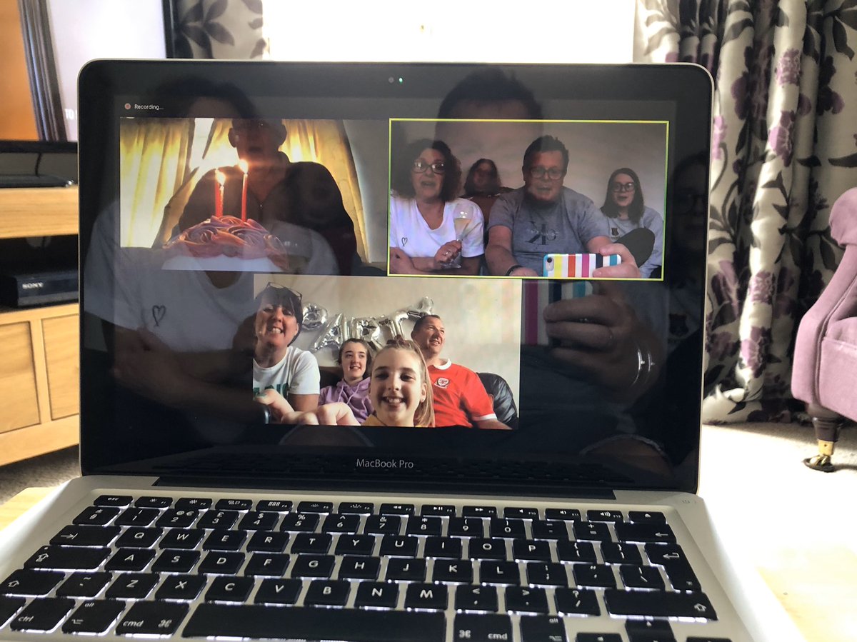 OfficialMrsH's tweet photo. Lockdown celebration to raise a glass to Dad @garnwen on his 70th birthday! #ZoomCelebrations 🍾🍾🥂🥂 https://t.co/GtqNzZRXYC