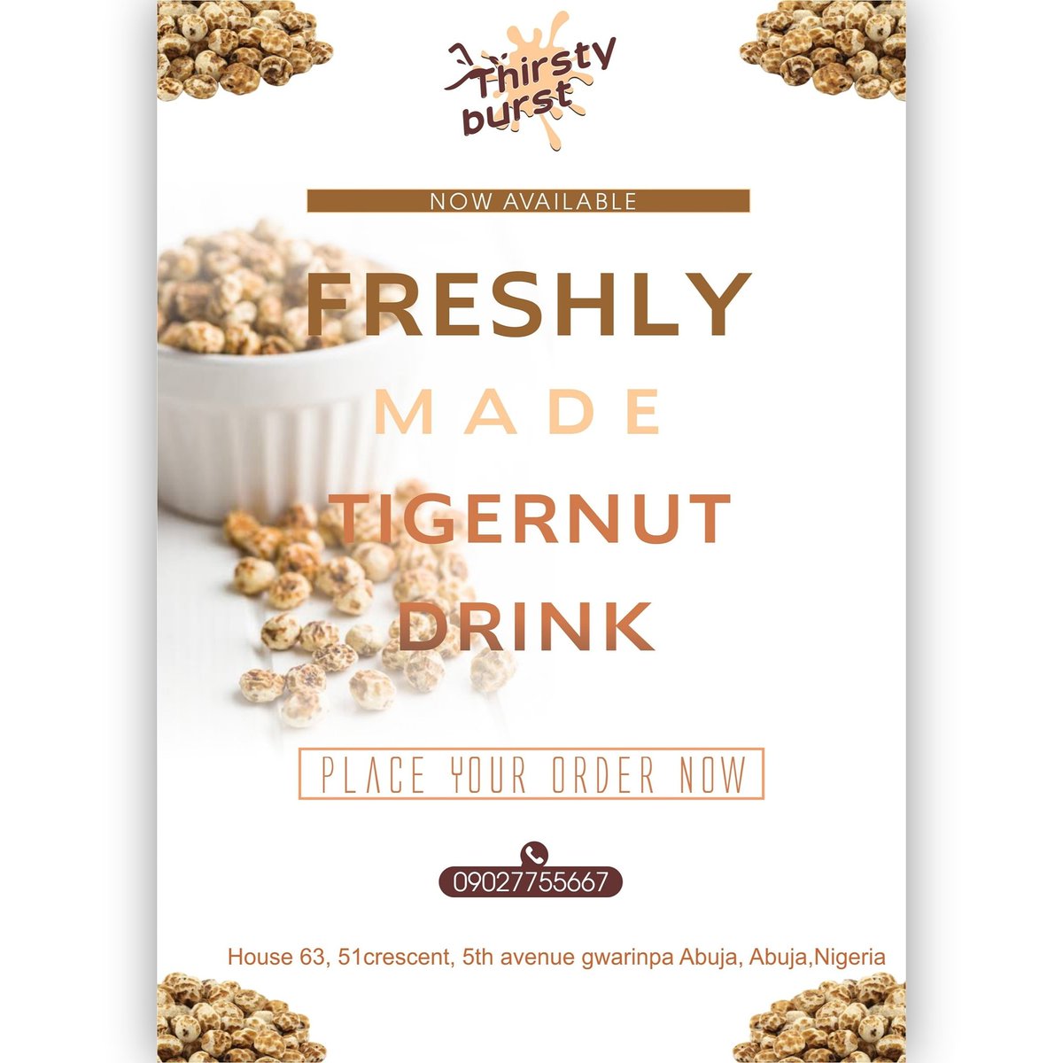 BrianishD's tweet photo. Thirsty burst tigernut drink designed by brianish.... #graphicdesign, #logos, #flyers, #tigernut, #coreldraw, #photoshop, #learngraphics, #designers, #branding, #mockup, #unical, https://t.co/JwMKPuDInd