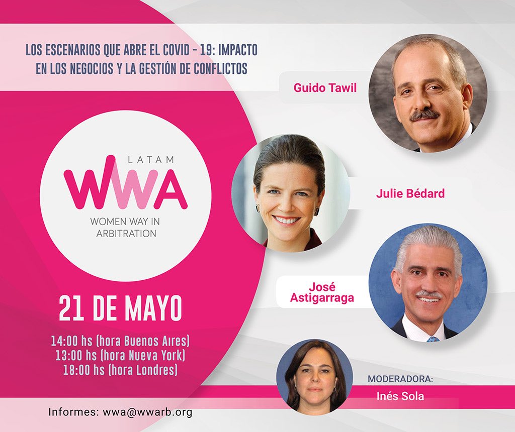 Los invitamos al webinar “Los Escenarios que Abre el COVID - 19: Impacto en los Negocios y la Gestión de Conflictos” el día 21 de Mayo a las 14:00hs (hora Buenos Aires).

Evento gratuito. Se requiere inscripción previa: 
lnkd.in/eVvV8ed
.
#WWA #campaña #aniversario