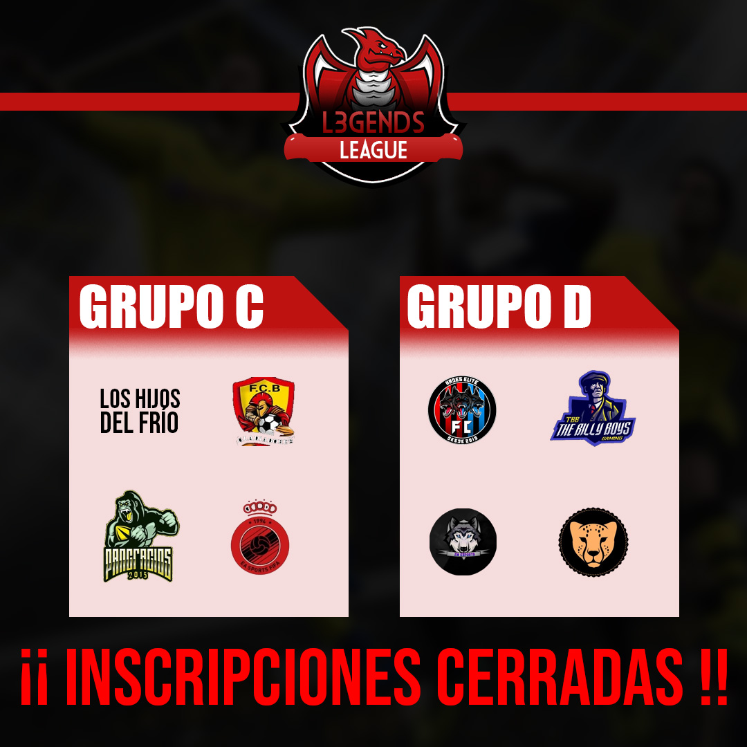L3gendsLeague's tweet photo. ⛔️INSCRIPCIONES #CERRADAS ⛔️
🟢ÉXITO TOTAL🟢

Cerramos los 2 últimos grupos con:

🛡️GRUPO C:
@Javi_la_gu / @Gladiadores_eSp / @EPancracios / @FLloreria 
🛡️GRUPO D:
@Hades_EliteFC / @BillyEsports / @eSportsZM / @RubipardosFC 

¡Mañana arranca la competición!
#GoL3League https://t.co/MBO2w4aopn