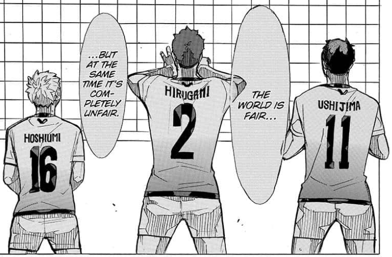 I love this panel... the contrast between heights and hoshiumi looking upwards compared to the other 2 who look straight ahead. the fact that next to him is his  friend's brother, an experienced &amp; successful captain, and the character who literally represents height &amp; power 