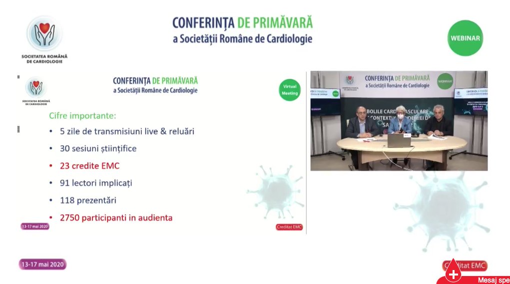SRCCardio's tweet photo. 👋🏻#Final la Conferința de Primăvară 2020 #CNP #RoCardio #GL2020 👏🏻~ Cuvânt de încheire: Prof. D. Vinereanu, Dr. @GaitaDan , Dr. O. Chioncel ~ Vă mulțumim tuturor pentru participare! ~ @ESCardioNews #CardioTwitter https://t.co/u6AVNSS3ba