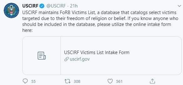 USCIRF is also gathering database of the victims due to religious persecution. Please forward to folks in India.

Link to the form: uscirf.gov/about-uscirf/u…