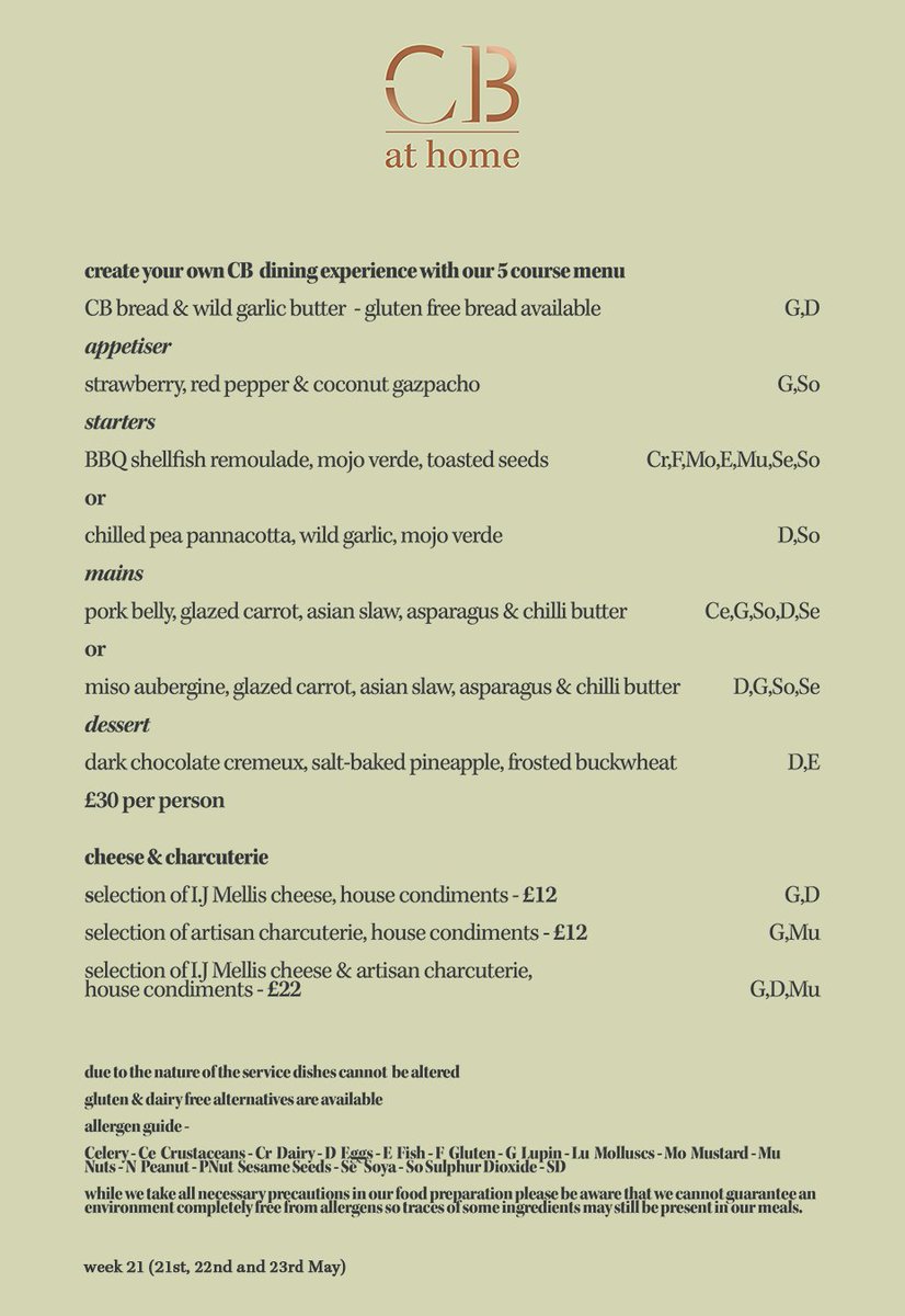 Thank you for continuing to support 𝗖𝗕 𝘁𝗼 𝗚𝗼 &amp; 𝗖𝗕 𝗮𝘁 𝗛𝗼𝗺𝗲 - Cail Bruich's new takeaway &amp; home delivery services. 

Bookings for takeaways and deliveries next weekend; served from Thursday (21st of May); are now open. 

To book, please visit: bit.ly/CBatHomeWk21
