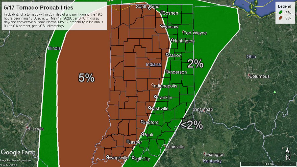 JayFarlowWx's tweet photo. Nearly all of IN has some prob of a #tornado this afternoon and eve, with greatest risk in western half (shaded brown), per @nwsspc midday outlook #INwx #Shttps://www.spc.noaa.gov/products/outlook/archive/2020/day1otlk_20200517_1630.htmlKYWARN https://t.co/lQHZL7oFWf