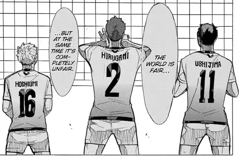 [haikyuu 393]“the world is both fair and unfair”in a single image, furudate manages to completely encapsulate the meaning of that sentence. hoshiumi stands next to hirugami and ushijima, who are blessed with height in a world that welcomes it.