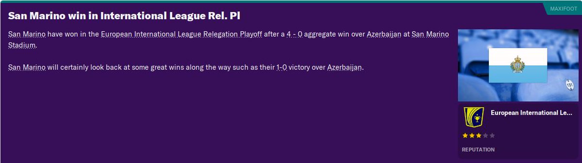 Wins home and away against Azerbaijan means that San Marino will retain their place in Division C of the Nations League. Given our results this time, not entirely sure that is a good thing...  #FM20