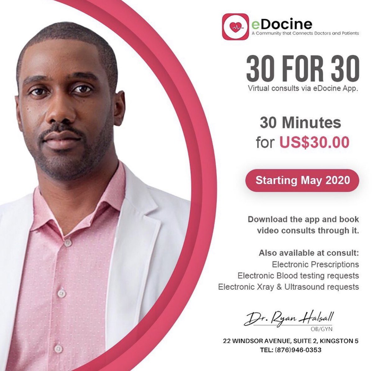 eDocine's tweet photo. 30 for 30! Book virtual consults via the eDocine App. Download the app today and book video consults through it. 30 minutes for US$30.00. Also available at consult:
Electronic Prescriptions 
Electronic Blood testing requests 
Electronic Xray &amp; Ultrasound requests https://t.co/GdEku1Bklq