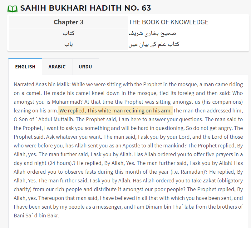 Ainsi dans Sahih Bukari N°63 nous apprenons que Mohammed était un homme blanc, en effet ses compagnons l'ont désigné ainsi à une personne le cherchant.De même pour Sahih Muslim 6081, l'on nous confirme que Mohammed était blanc, comme le dit un de ses compagnons.4/14