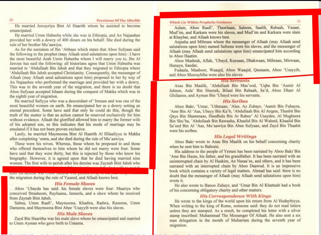 Tout d'abord Mohammed avait une quarantaine d'esclaves, dont quelques noirs.Sources ; Provisions of the afterlife, d'Ibn Qayyim Al-Jawziyya, savant de l'Islam : https://archive.org/details/ProvisionsOfTheAfterlife/page/n31/mode/2up/search/slave 8/14