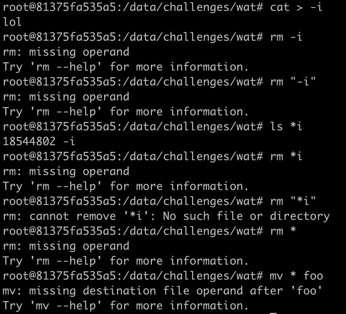 francesc's tweet photo. By mistake, I created a file named "-i" and, well, getting rid of it proved to be extra fun 😂

I'm not saying you should mess with your friends by creating these files and let them struggle ... I'm just saying it would be fun to see 😈 https://t.co/3KySxzz7Ha