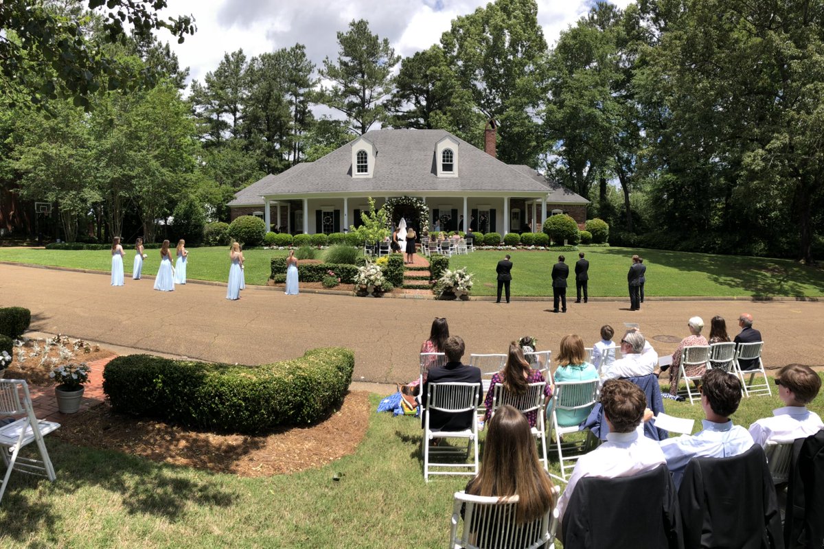 LigonDuncan's tweet photo. The Reverend Elbert McGowan of @RedeemerJackson preaching an old school, Southern, home, outdoor wedding in the midst of #COVID19 https://t.co/A7IOKs1aOO