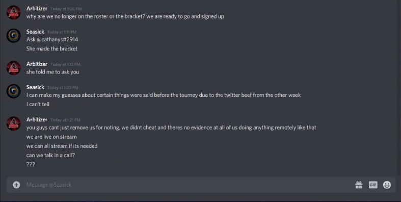 Nyhr11's tweet photo. @Destiny2Esports This is unacceptable. Removing us from a tournament before it even starts because of one person saying we cheat??? We entered the tournament all streaming. The admins wont respond to any of us and removed us from the discord for trying to get answer. Hello?????? https://t.co/IHX3wbmzEy
