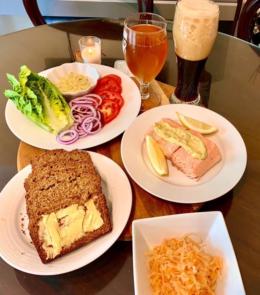 TheMacDomhnaill's tweet photo. The culmination of experiments in #fermenting #baking #brewing #Poaching Ginger & Dunkel beers, carrot/ginger sauerkraut and poached salmon & homemade dill mayo. #irishbrownbread #homecooking https://t.co/oh6wtu4ZqL