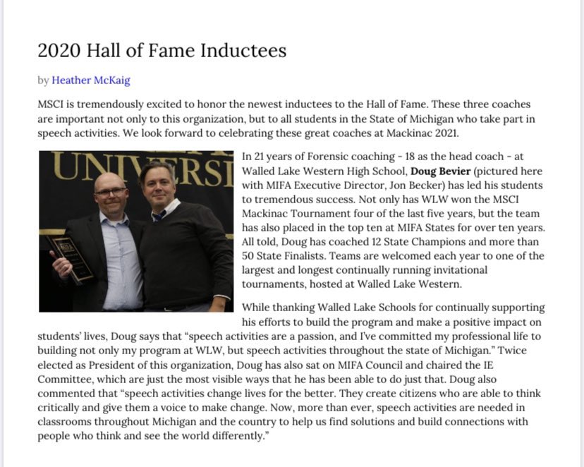 wlwforensics's tweet photo. Congratulations to @Douglasbevier for being inducted into the Michigan Speech Coaches Hall of Fame.  This honorary award is so well deserved.  Thank you for all you do, Bev! https://t.co/SuwnIYsna3