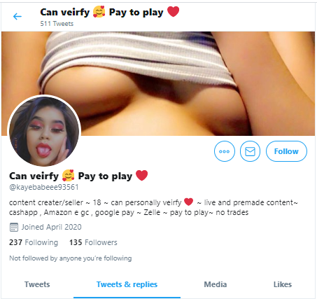 Update!  #OnBlast Scammer @kayeebabee93561 ran AGAIN to  @kayebabeee93561 & STILL ADVERTISES CHILD PORN!Her media before Mar 22 is ILLEGAL/underage! #RT &  #REPORT to Twitter CSE:  https://help.twitter.com/forms/cse (& report for Suspension-Evasion!)GET THIS CP-SPREADING TRASH OUT OF HERE!