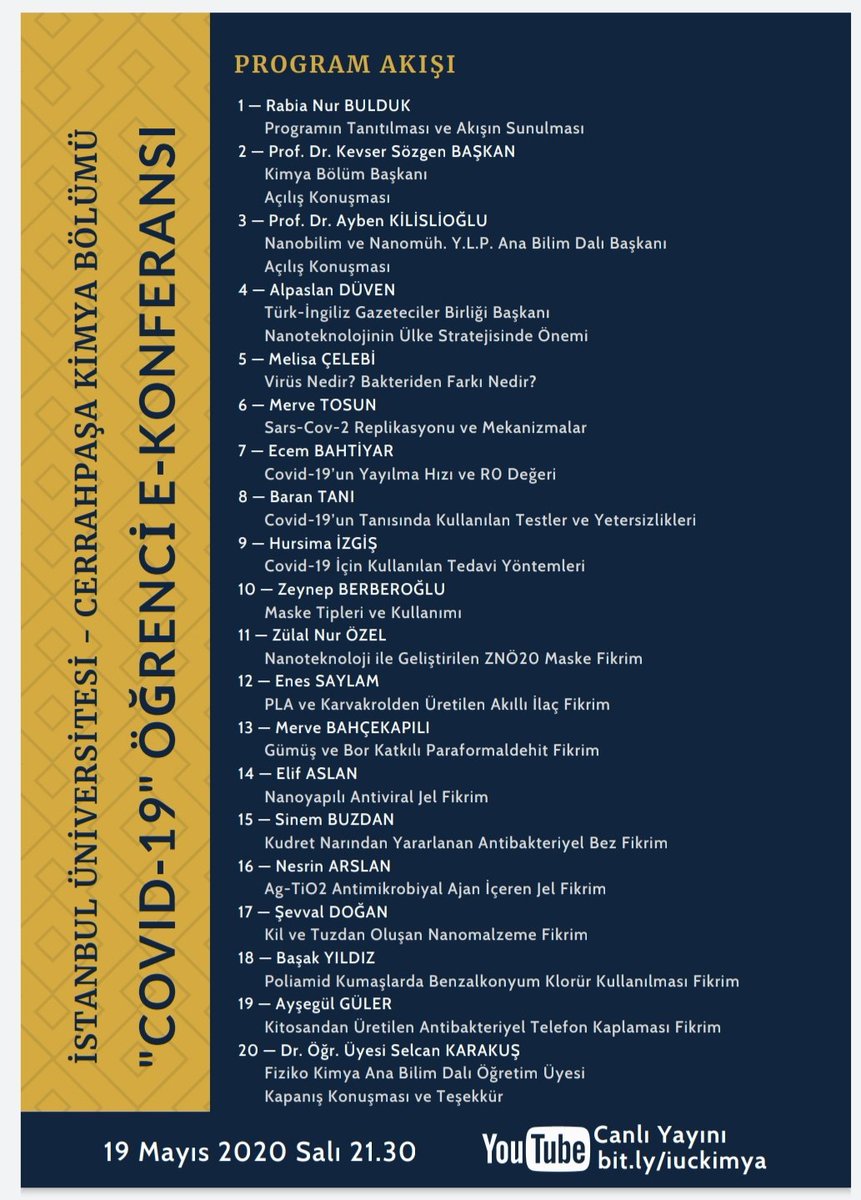 #İstanbul Üniversitesi-#Cerrahpaşa #Kimya Bölümü öğrencilerinin düzenlediği e-konferansın konukları arasında olmaktan memnuniyet duyuyorum..'Covid-19' başlıklı
Öğrenci E-Konferansı'nda ''#NanoTeknoloji'nin ülke stratejilerindeki öneminden söz edeceğim.Herkesi bekleriz. <a href="/TCSanayi/">Sanayi ve Teknoloji Bakanlığı</a>