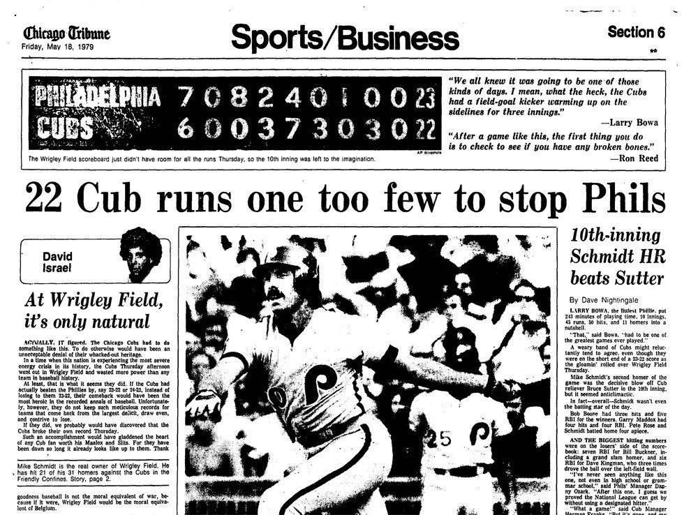 Tyler77460318's tweet photo. OTD: May 17, 1979, The Philadelphia Phillies defeated the Chicago Cubs 23-22. There was a total of 50 hits and 11 home runs. This was one of the most highest scoring games in MLB history. #FHSSportsLit https://t.co/6wesjSb2lf