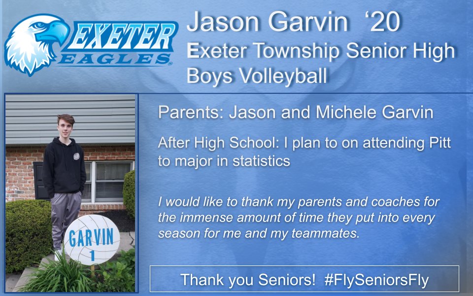 ExeterAthletics's tweet photo. It's Senior Night for our Boys Volleyball Team! Please leave comments and good wishes for Jason, as he moves on to University of Pittsburgh!!! #FlySeniorsFly @69Sports @RE_sports @exeter_shs @SpotlightBerks Spotlight On Berks Sports The Exeter Informant https://t.co/WPT3iUP3Ki