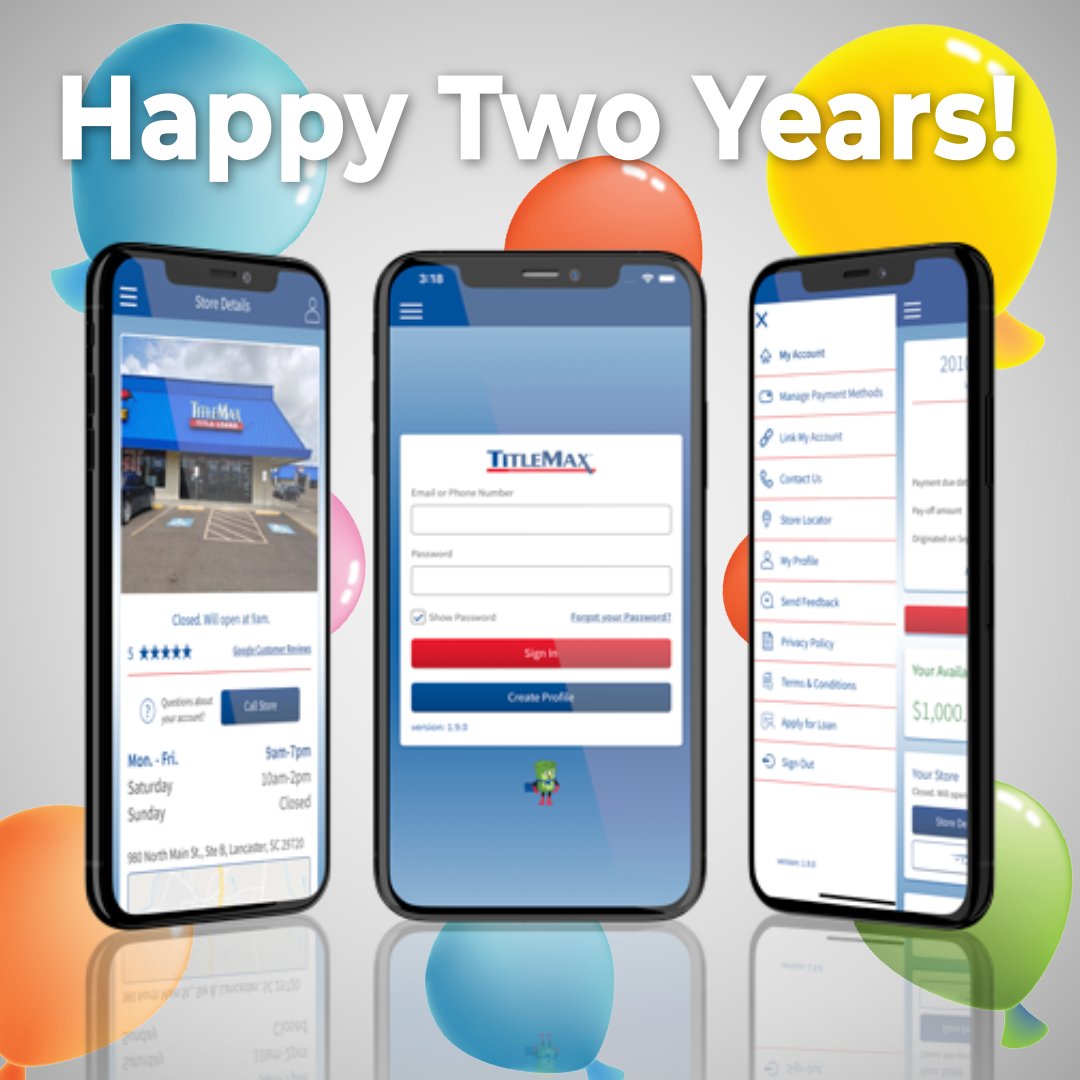 TMXCompanies's tweet image. Happy 2-Year Anniversary to our TitleMax® Mobile App! Our customers can easily access and manage their account anywhere, on-the-go.