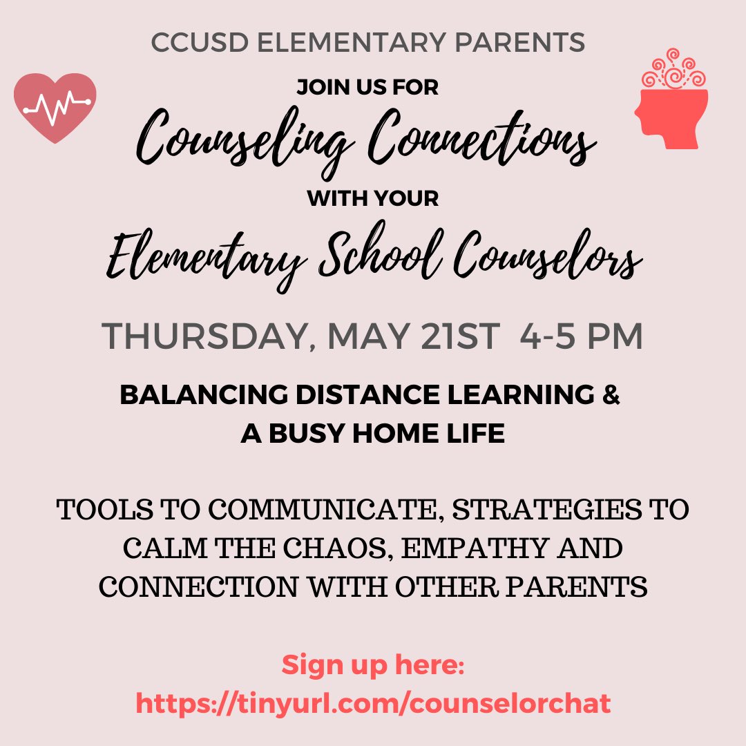 Join the elementary counselors for a parent workshop THIS THURSDAY! Sign up information below. #schoolcounseling #parentsupport #CulverPride #distancelearning