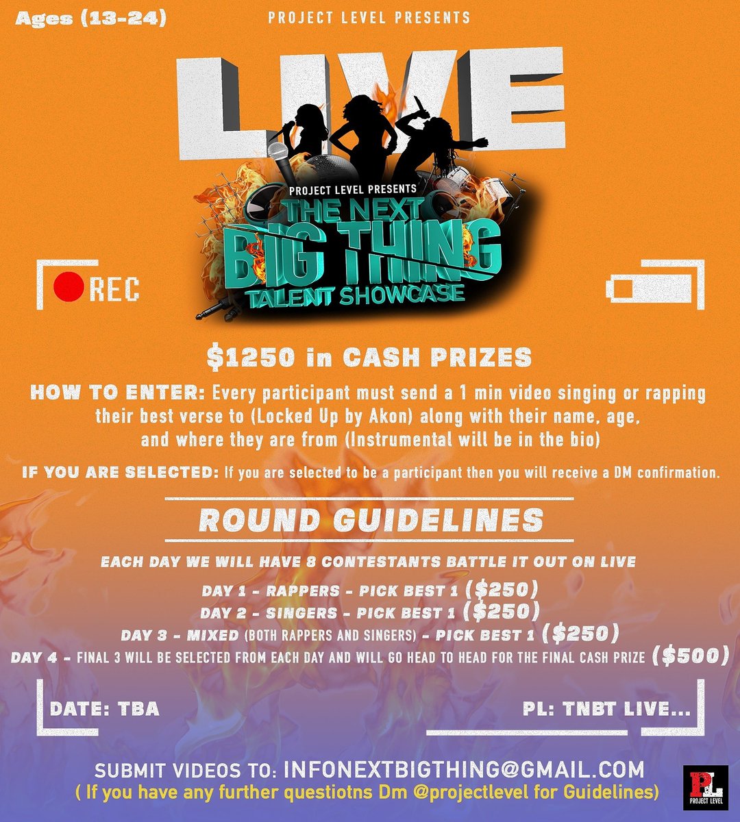 FillmoreRich3's tweet image. SHARE AND REPOST!! Calling all artists between the ages of 13-24 years old!! Follow the instructions on the flyer lets go!! $1250 in cash for the THE BIG THING!!! Infonextbigthing@gmail.com #ProjectLevel @projectlevel