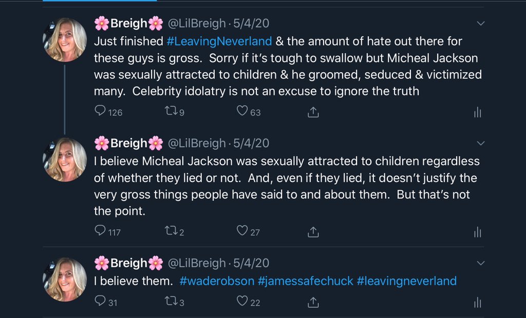 LilBreigh's tweet photo. On May 4, 2020 I finished watching #LeavingNeverland & I tweeted about it. I was subsequently inundated w/ comments from what I later learned were #mjfam members whose sole purpose on Twitter is to seek people out who post anything they consider anti-#MichaelJackson & combat it. https://t.co/AZM4qQVd9V