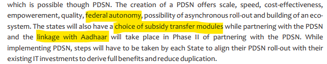 Federal autonomy with centralized database - Lol, what were the men smoking?Also note consistent nudge on "choice of subsidy". They want to voluntary make people mandatorily opt for cash and dismantle PDS.Oh  #Aadhaar linkage will be phase 2. Yeah, people first need to get it