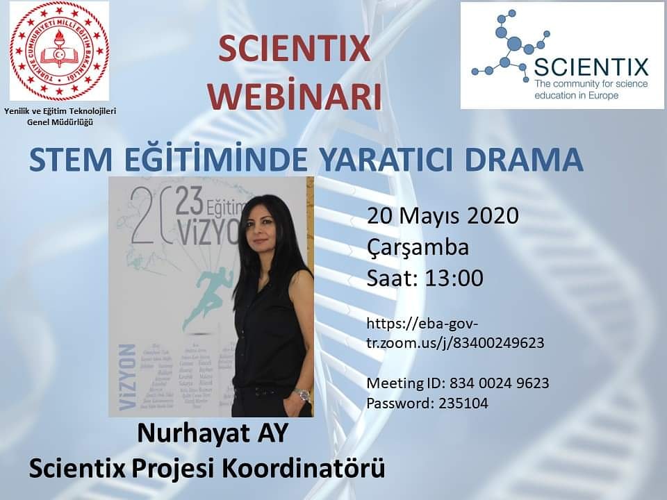 Arkadaşlar, Scientix Türkiye Ekibi olarak 20 Mayıs 2020 tarihinde saat 13:00'de "STEM Eğitiminde Yaratıcı Drama" konulu Video Konferans düzenleyeceğiz. Video Konferansımıza bütün öğretmenlerimiz davetlidir. 

eba-gov-tr.zoom.us/j/83400249623

Meeting ID: 834 0024 9623
Password: 235104