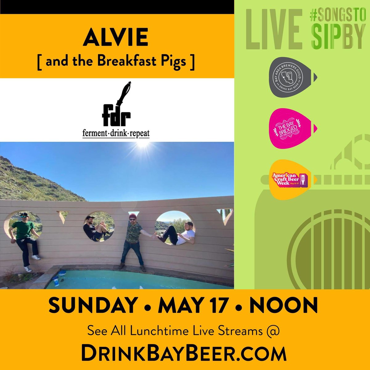 drinkbaybeer's tweet photo. DAY FIVE! We can't believe it's the last day of #songstoSIPby! 

Alvie &amp; The Breakfast Pigs kick things off today at noon, paired with @FDRepeat! 

Closing it down, @socorramusic goes live at 1pm with @CaminoBrew and @ClandestineBrew! 

https://t.co/chZAhi9kde https://t.co/RNGGyU0OYh