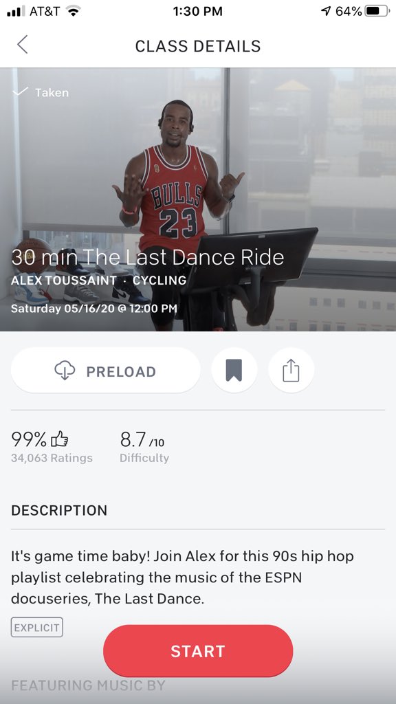 Bink5of5's tweet photo. So fun taking this class this morning. Silver lining of this Covid mess is me discovering all the awesomeness that is @onepeloton & @alextoussaint25. Can’t wait to see what y’all have in store for us in the future. #TheLastDance #feelgoodlookgooddobetter https://t.co/j3wFEppevP