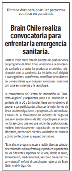 TarapacaLabs's tweet photo. Hoy publica diario @ElLongino de #Iquique
Últimos días para postular proyectos con foco en pandemia. Brain Chile realiza convocatoria para enfrentar la emergencia.
Lee aquí ➡️https://t.co/7nY7DtRB5H
#CuidemonosEntreTodos https://t.co/I0H2U5Yulx